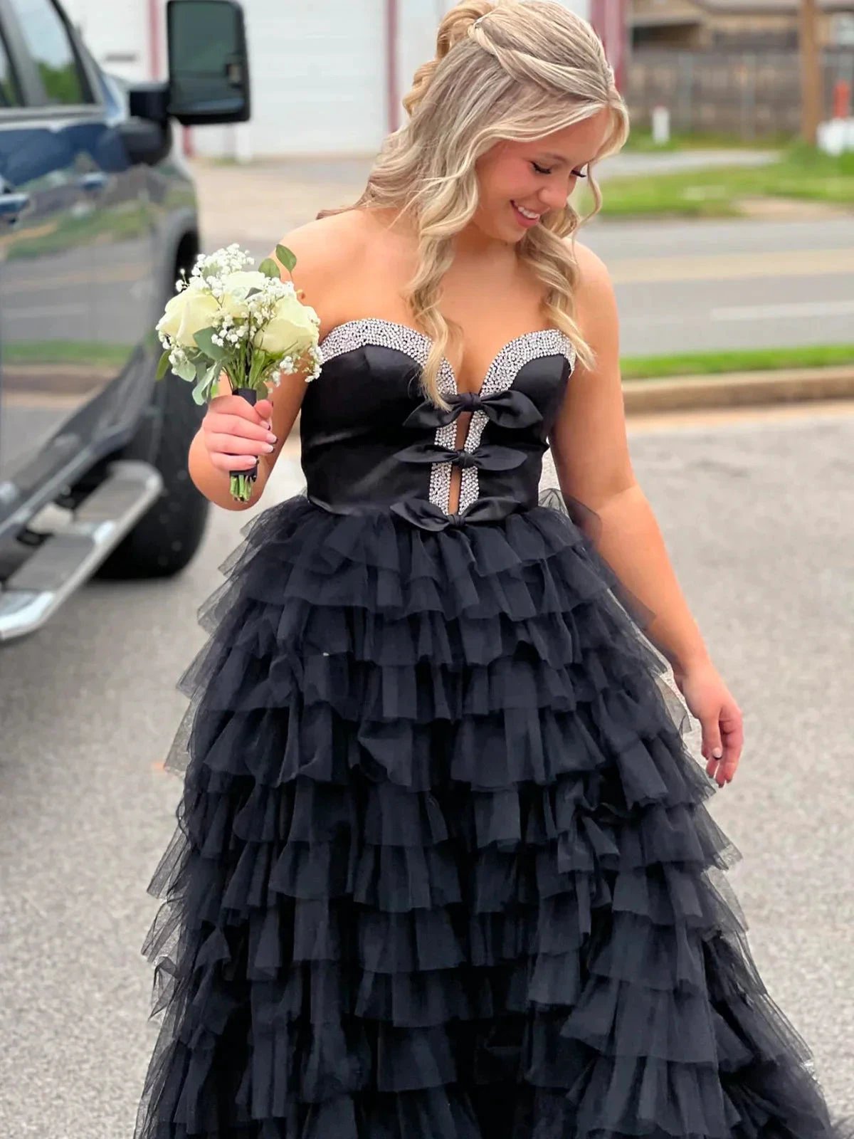 Peggy | Black Strapless Bow Ruffle Long Prom Dress with Slit by KissProm