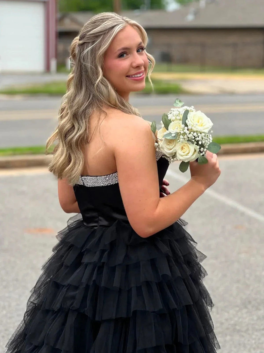 Peggy | Black Strapless Bow Ruffle Long Prom Dress with Slit by KissProm