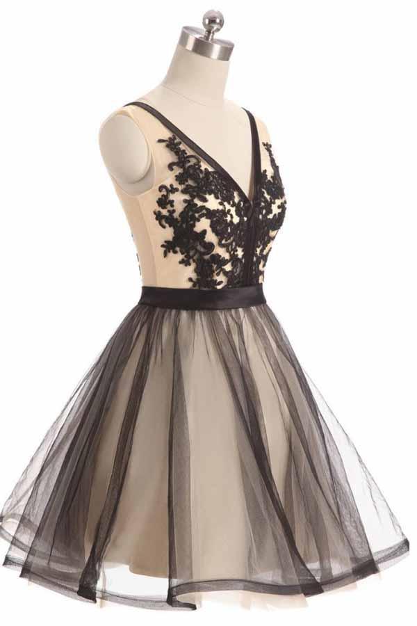Vestido Curto de Baile com Decote em V e Renda de Tule Preto Vestidos de Regresso a Casa PD067