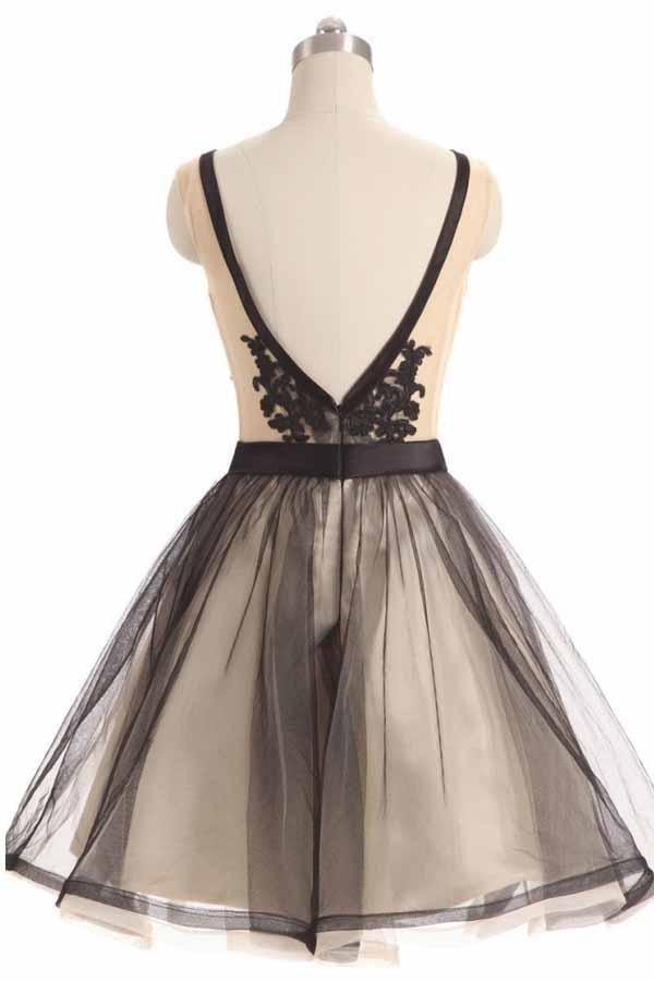 Vestido Curto de Baile com Decote em V e Renda de Tule Preto Vestidos de Regresso a Casa PD067