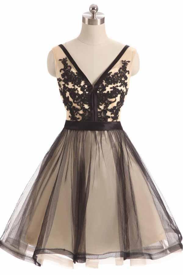 Vestido Curto de Baile com Decote em V e Renda de Tule Preto Vestidos de Regresso a Casa PD067