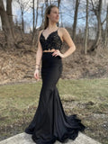 Black Two Piece Long Mermaid V Neck Lace Satin Graduation Prom Dresses by BIZTUNNEL