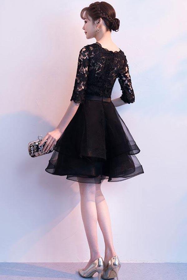 Black V Neck Lace Tulle Short Prom Dress Black Homecoming Dress PD150 Main Image