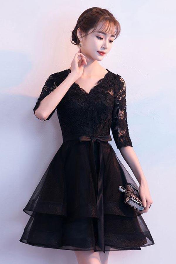 Black V Neck Lace Tulle Short Prom Dress Black Homecoming Dress PD150 Hover Image