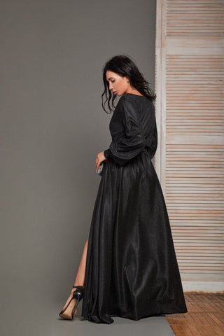 Vestido de fiesta largo con abertura y mangas abullonadas con purpurina para mujer, vestido formal de noche SYP01