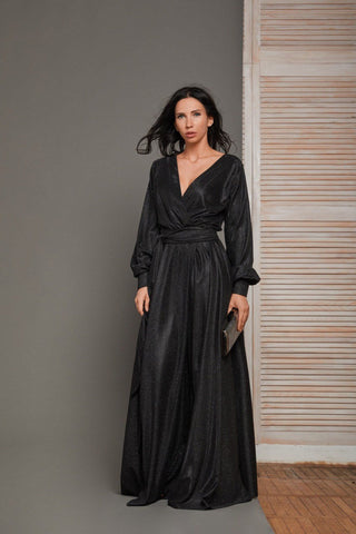 Vestido de fiesta largo con abertura y mangas abullonadas con purpurina para mujer, vestido formal de noche SYP01