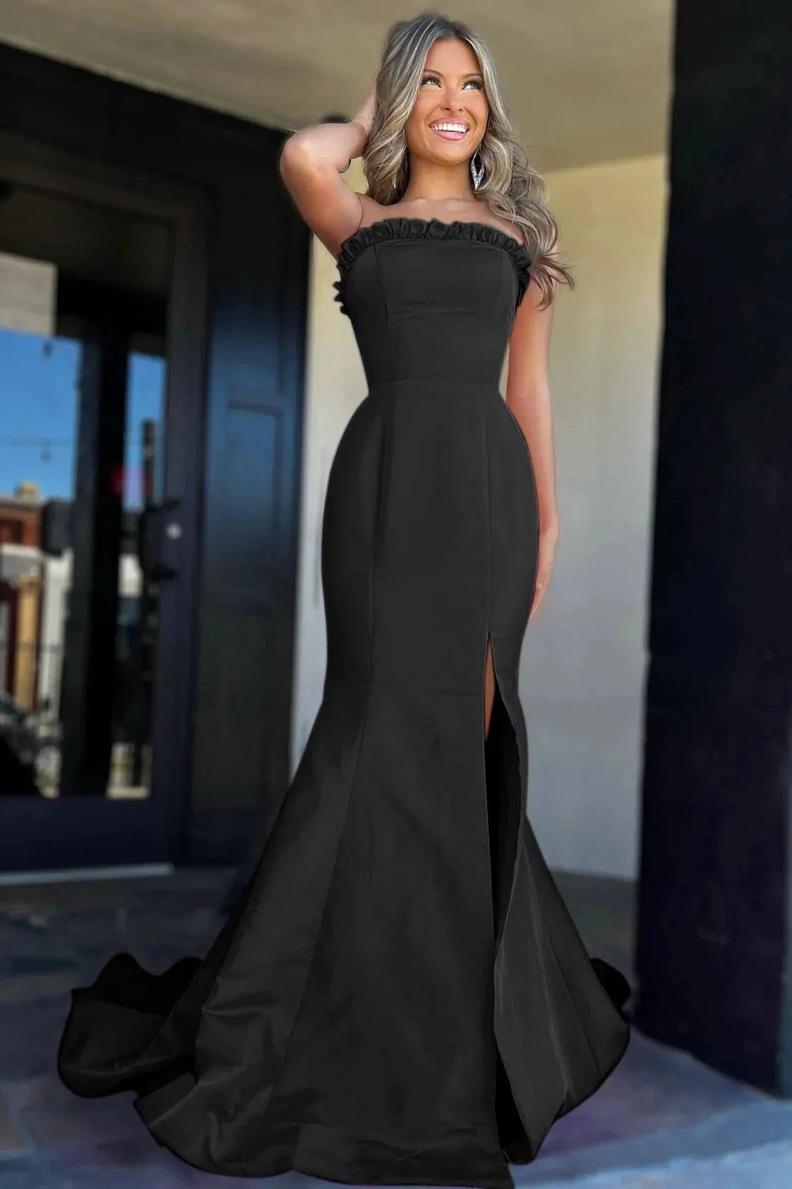 Denver | Strapless Maganta Ruffle Mermaid Slit Long Prom Dress by KissProm