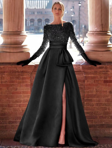 Vestidos formales dorados, vestido dorado, vestido de noche con abertura alta