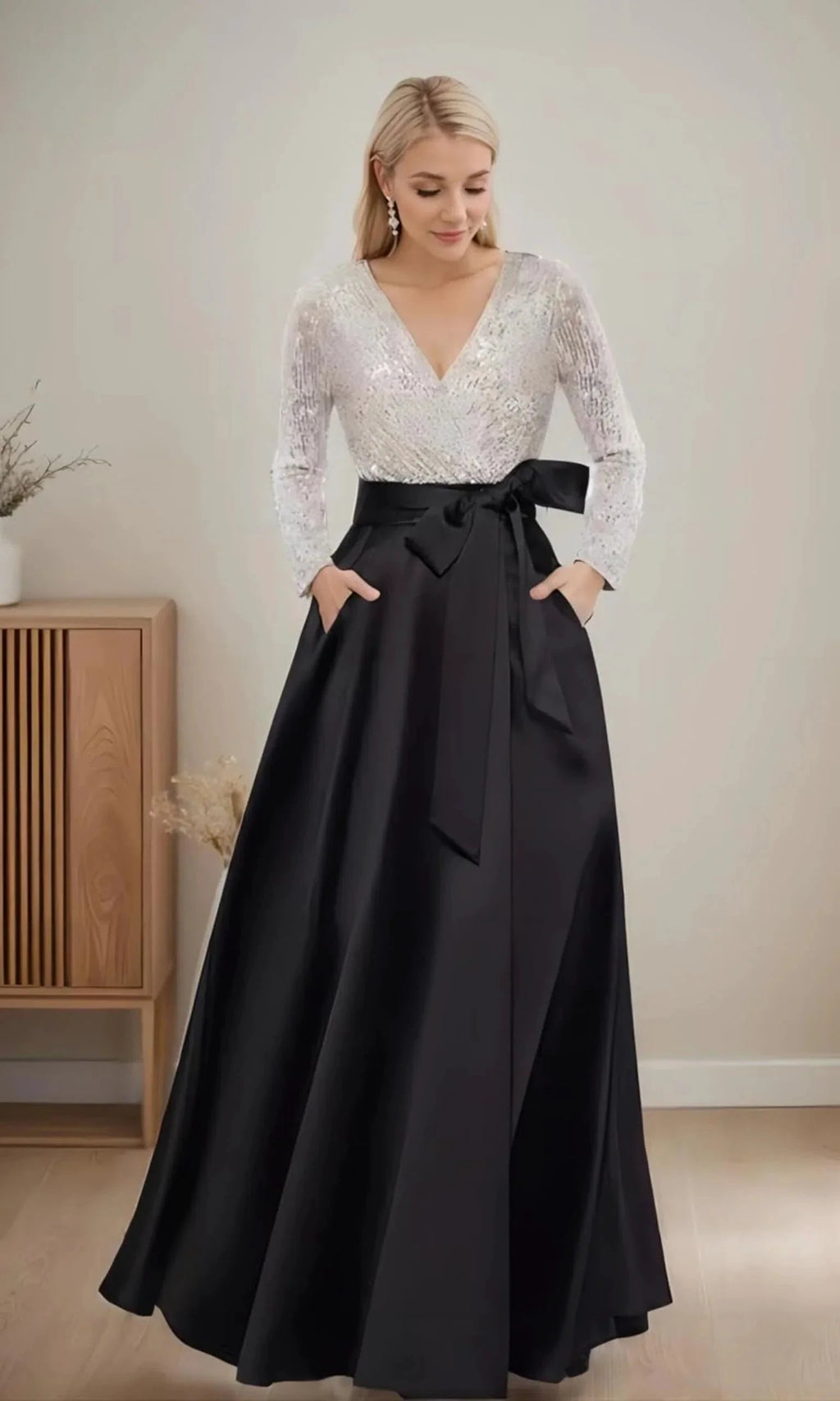 Long Sleeve Bow Dress Sequin Top Gown With A Bow by vivymakudress