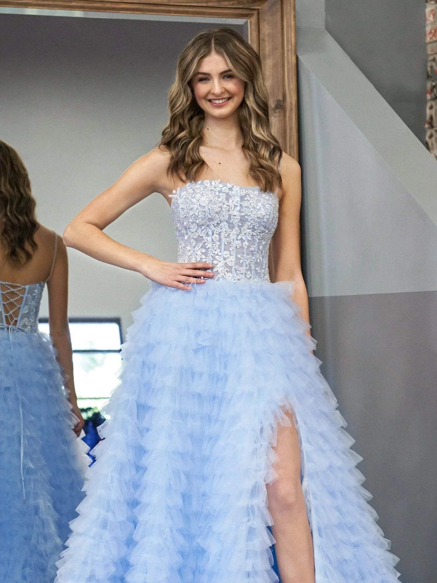 Jordan | Sky Blue A-Line Tiered Sequins Tulle Long Prom Dress by KissProm
