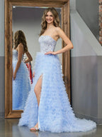 Jordan | Sky Blue A-Line Tiered Sequins Tulle Long Prom Dress by KissProm