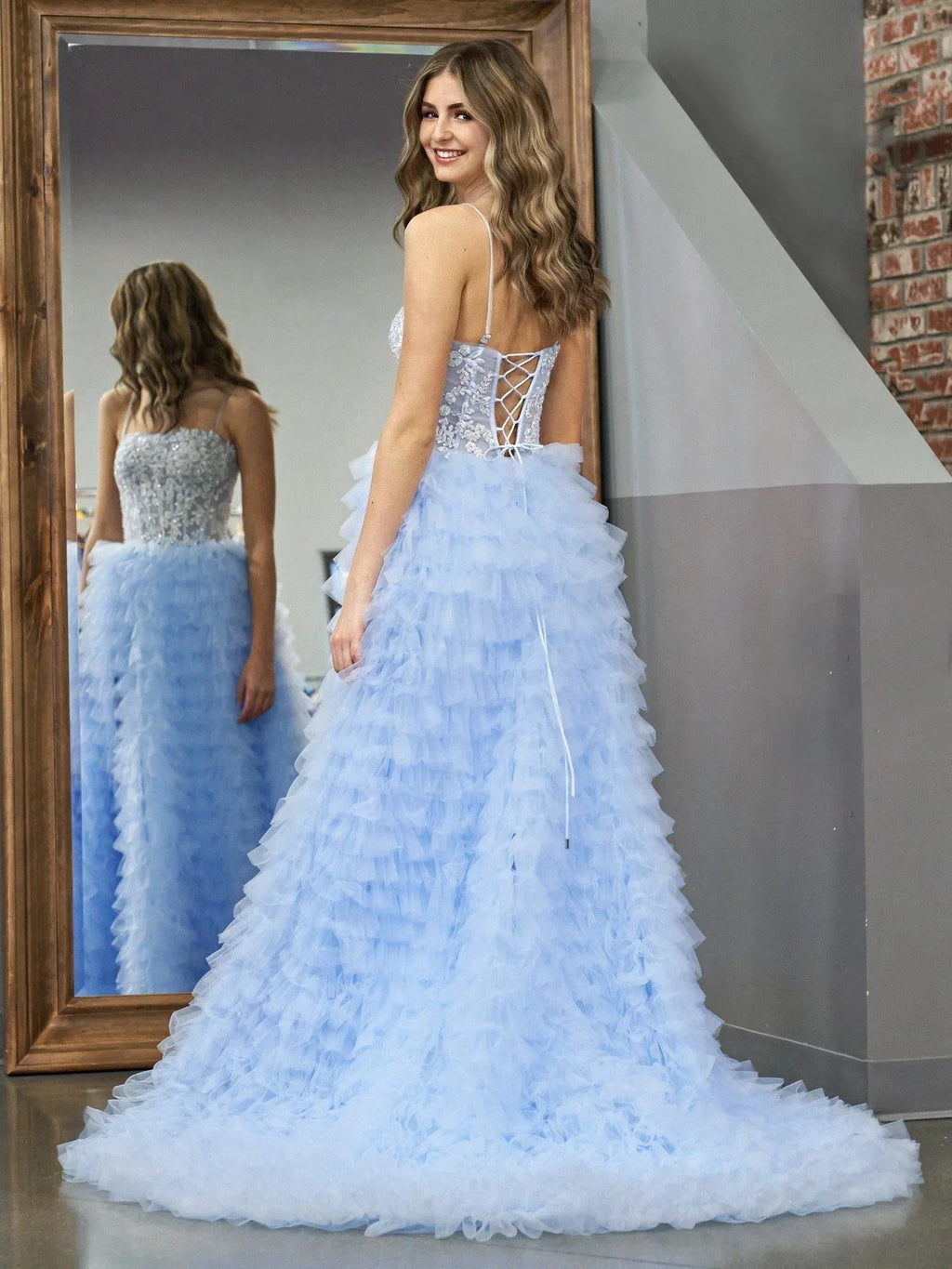 Jordan | Sky Blue A-Line Tiered Sequins Tulle Long Prom Dress by KissProm