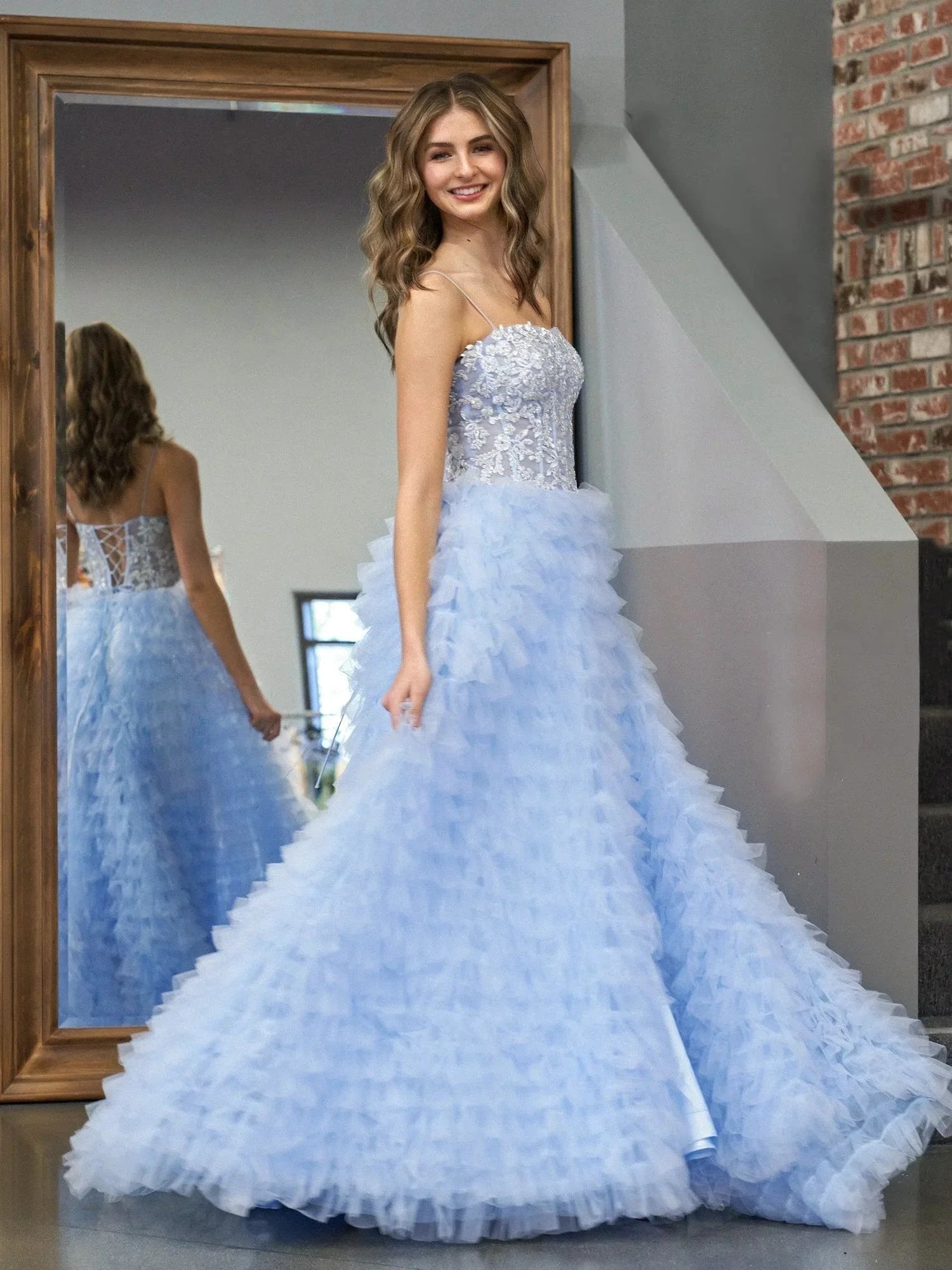 Jordan | Sky Blue A-Line Tiered Sequins Tulle Long Prom Dress by KissProm
