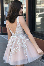 Blue Appliques Beaded Sleeveless A Line Tulle Short Homecoming Dresses  PD255