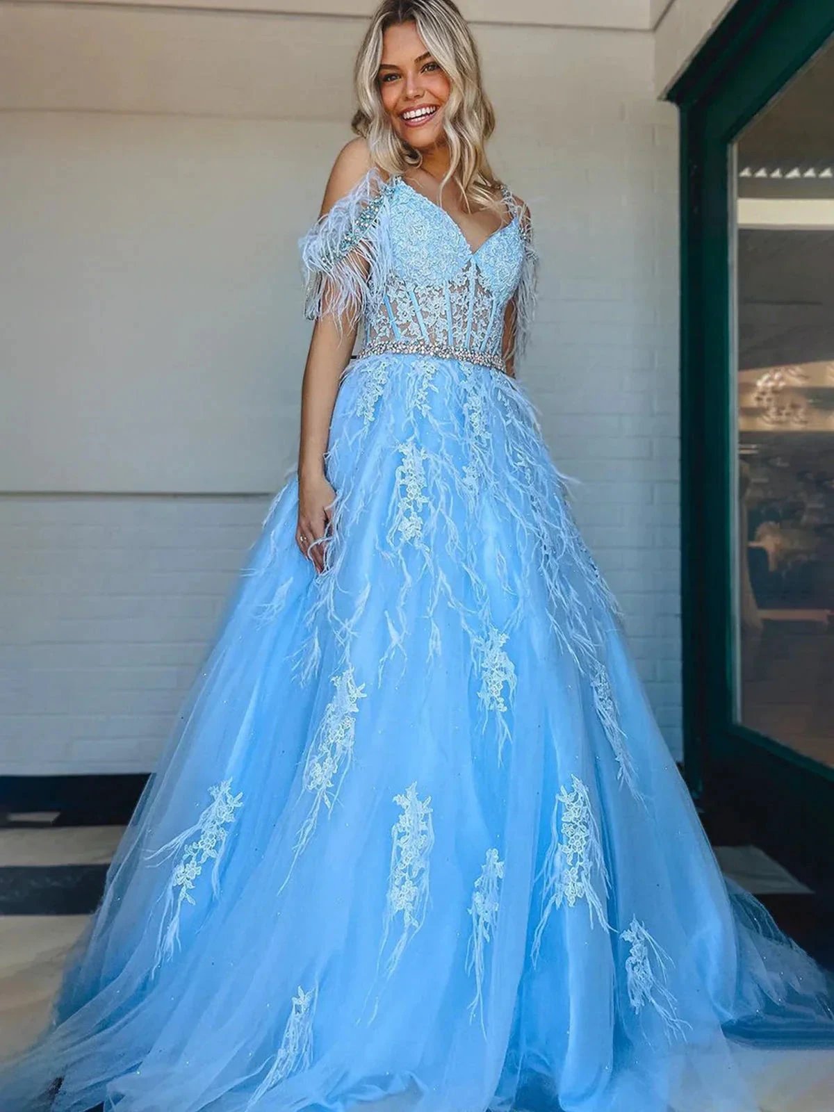 Amalia |A line V Neck Lace Tulle Prom Dress with Beading and Feather by KissProm