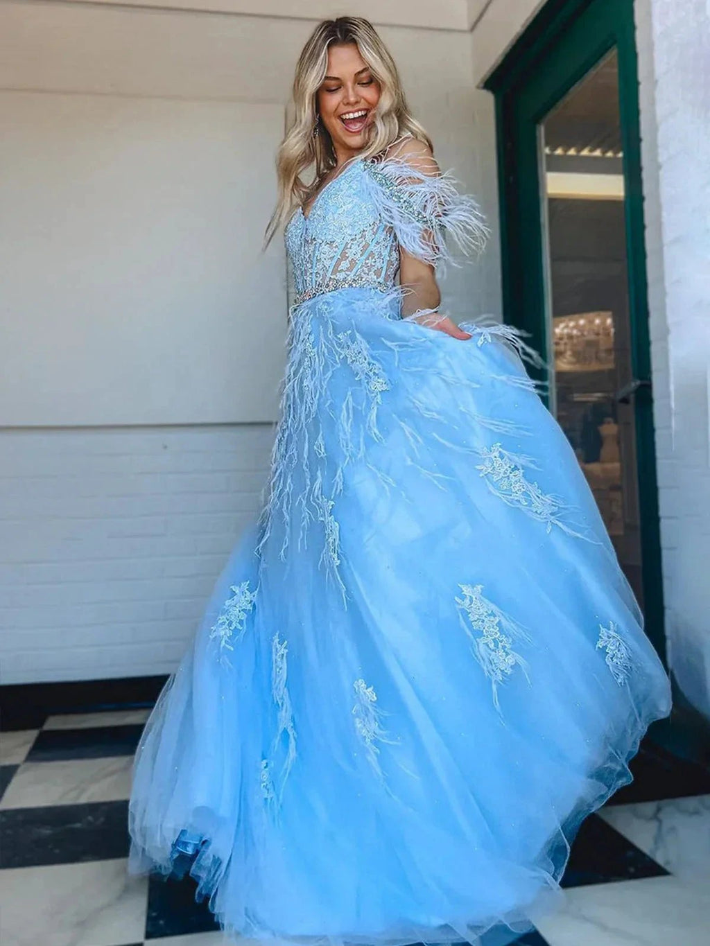 Amalia |A line V Neck Lace Tulle Prom Dress with Beading and Feather by KissProm