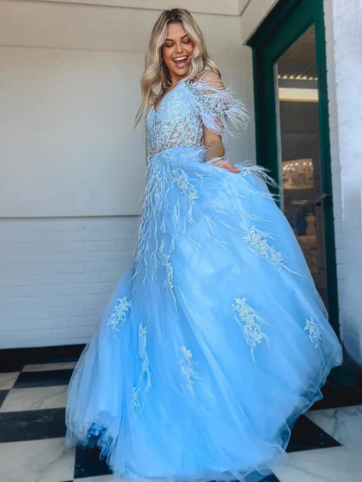 Amalia |A line V Neck Lace Tulle Prom Dress with Beading and Feather by KissProm
