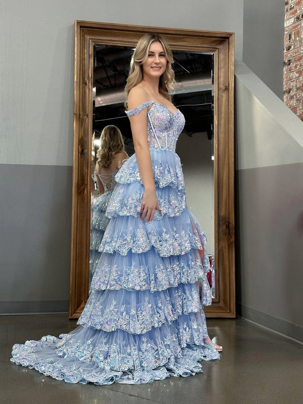 Capri | Blue Crystal Sequins Princess A Line Off the Shoulder Prom Dress with Lace Ruffles by KissProm