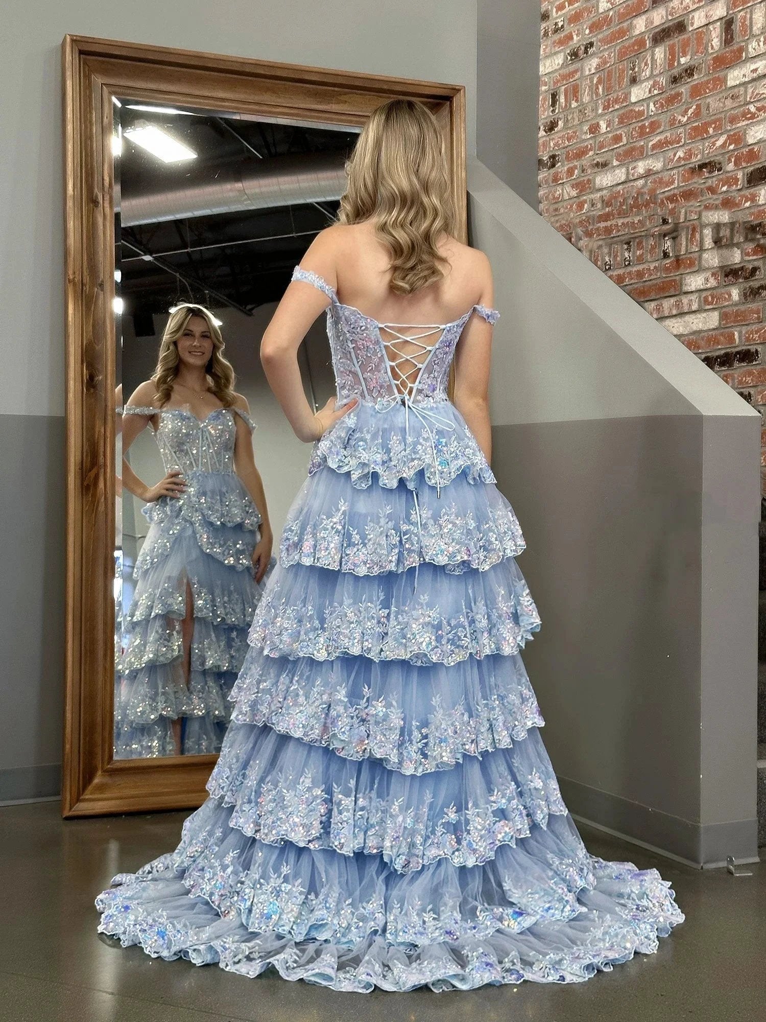Capri | Blue Crystal Sequins Princess A Line Off the Shoulder Prom Dress with Lace Ruffles by KissProm