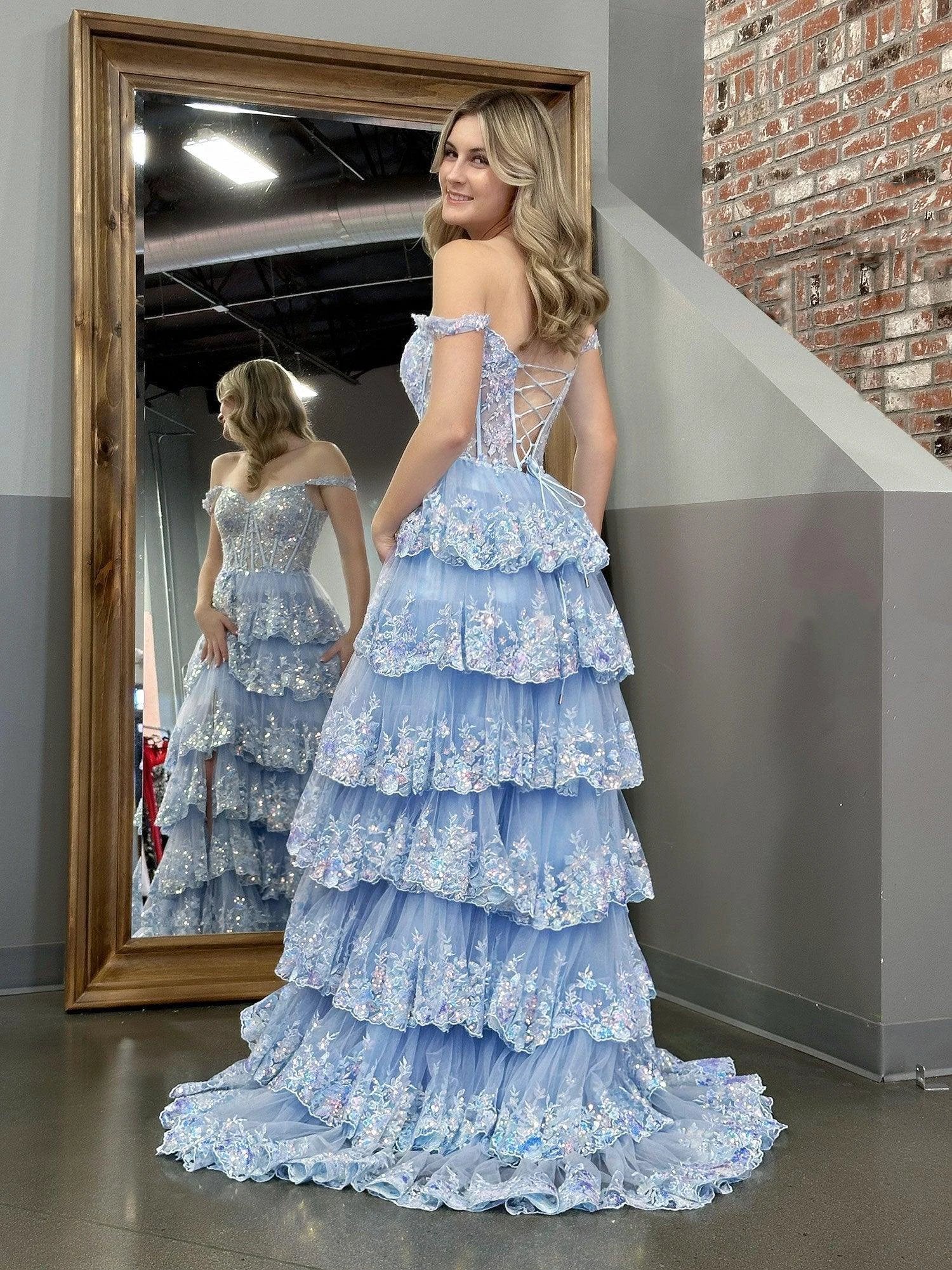 Capri | Blue Crystal Sequins Princess A Line Off the Shoulder Prom Dress with Lace Ruffles by KissProm