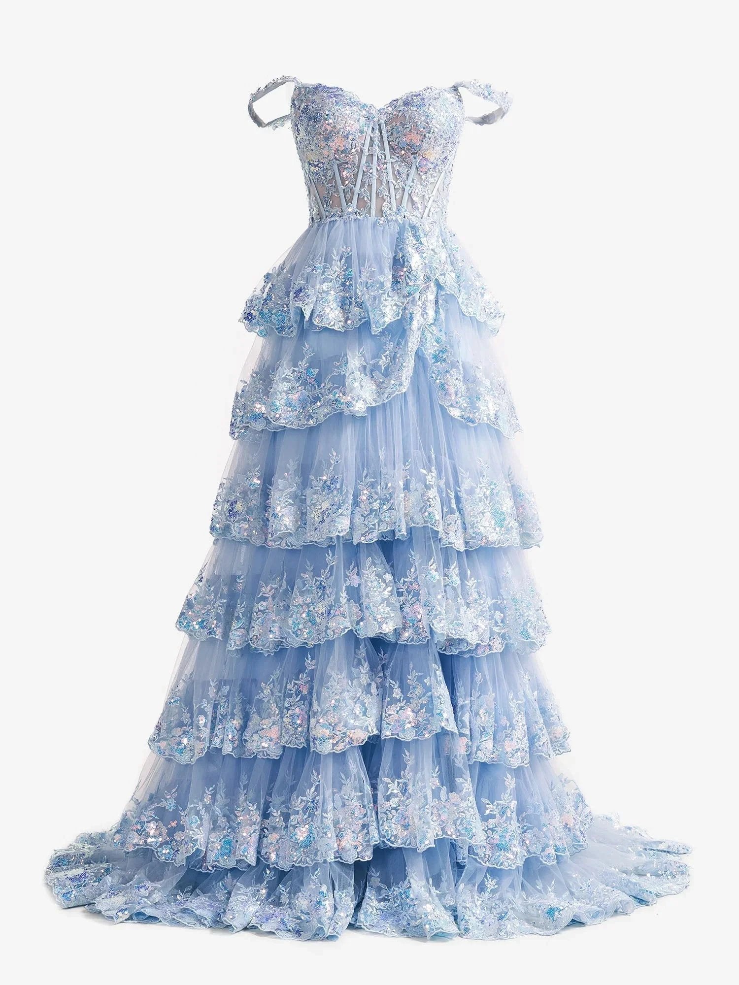 Capri | Blue Crystal Sequins Princess A Line Off the Shoulder Prom Dress with Lace Ruffles by KissProm