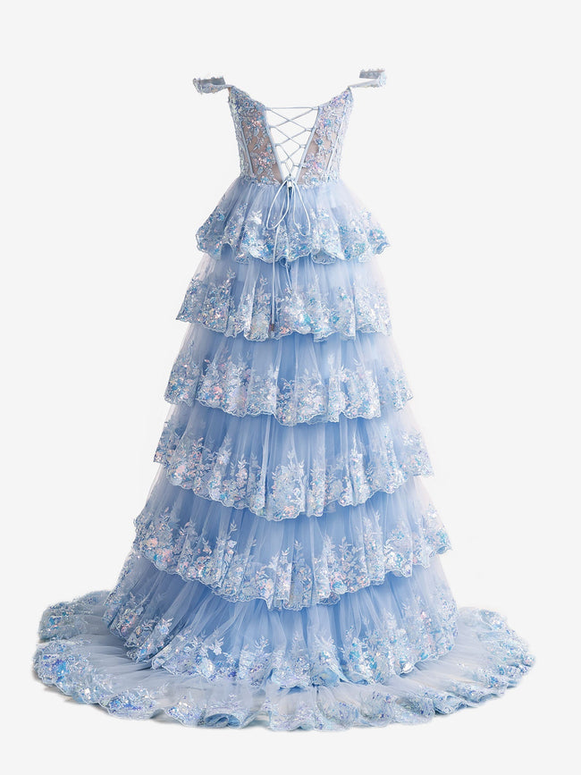 Capri | Blue Crystal Sequins Princess A Line Off the Shoulder Prom Dress with Lace Ruffles Main Image