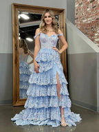 Capri | Blue Crystal Sequins Princess A Line Off the Shoulder Prom Dress with Lace Ruffles by KissProm
