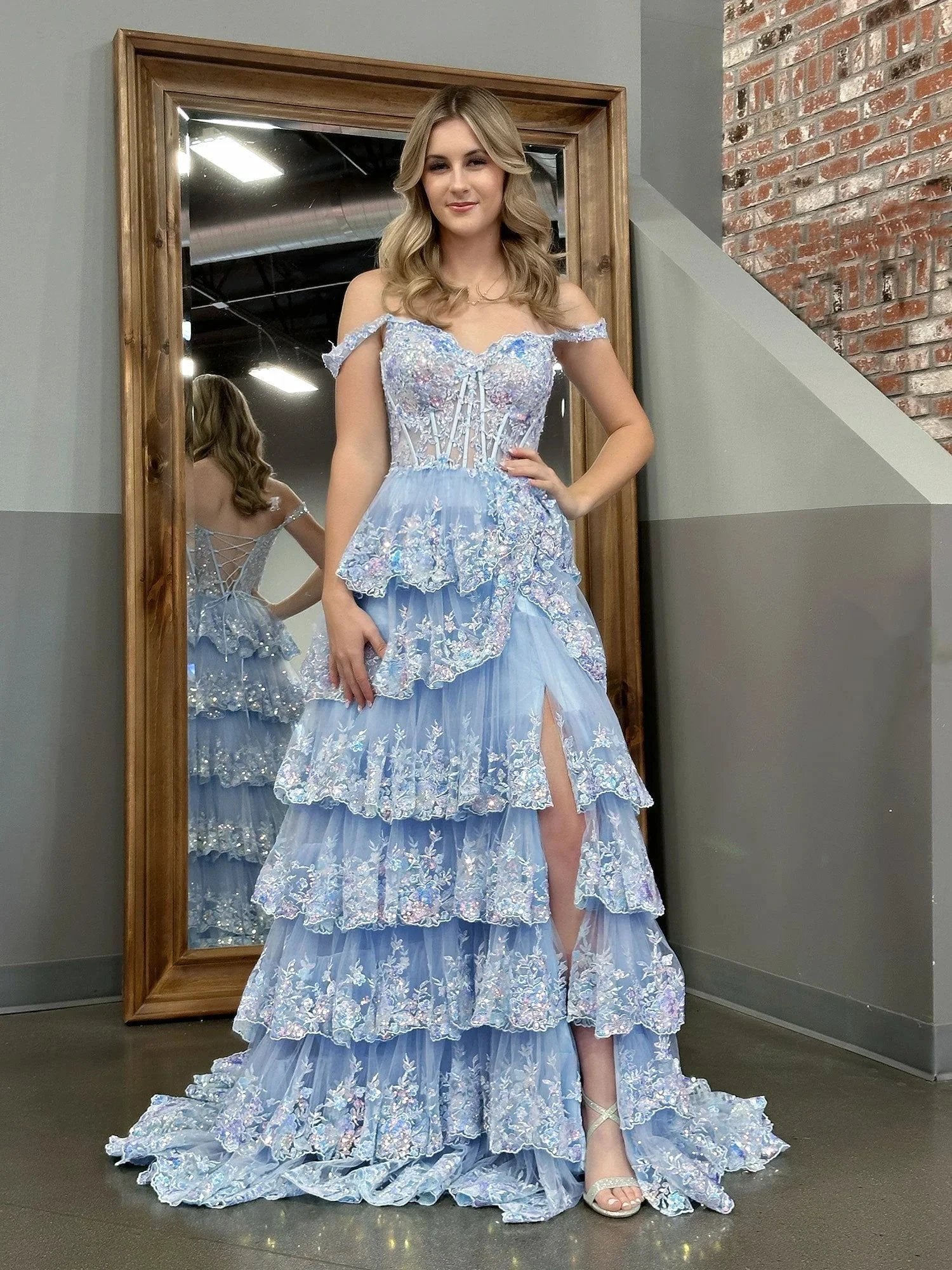 Capri | Blue Crystal Sequins Princess A Line Off the Shoulder Prom Dress with Lace Ruffles by KissProm
