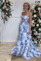 Tien | Blue Floral Printed Sweetheart Chiffon Tiered A-Line Long Corset Prom Dress by KissProm