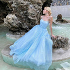 Blue Long A-line Backless Tulle Sequins Backless Prom Dress by BIZTUNNEL