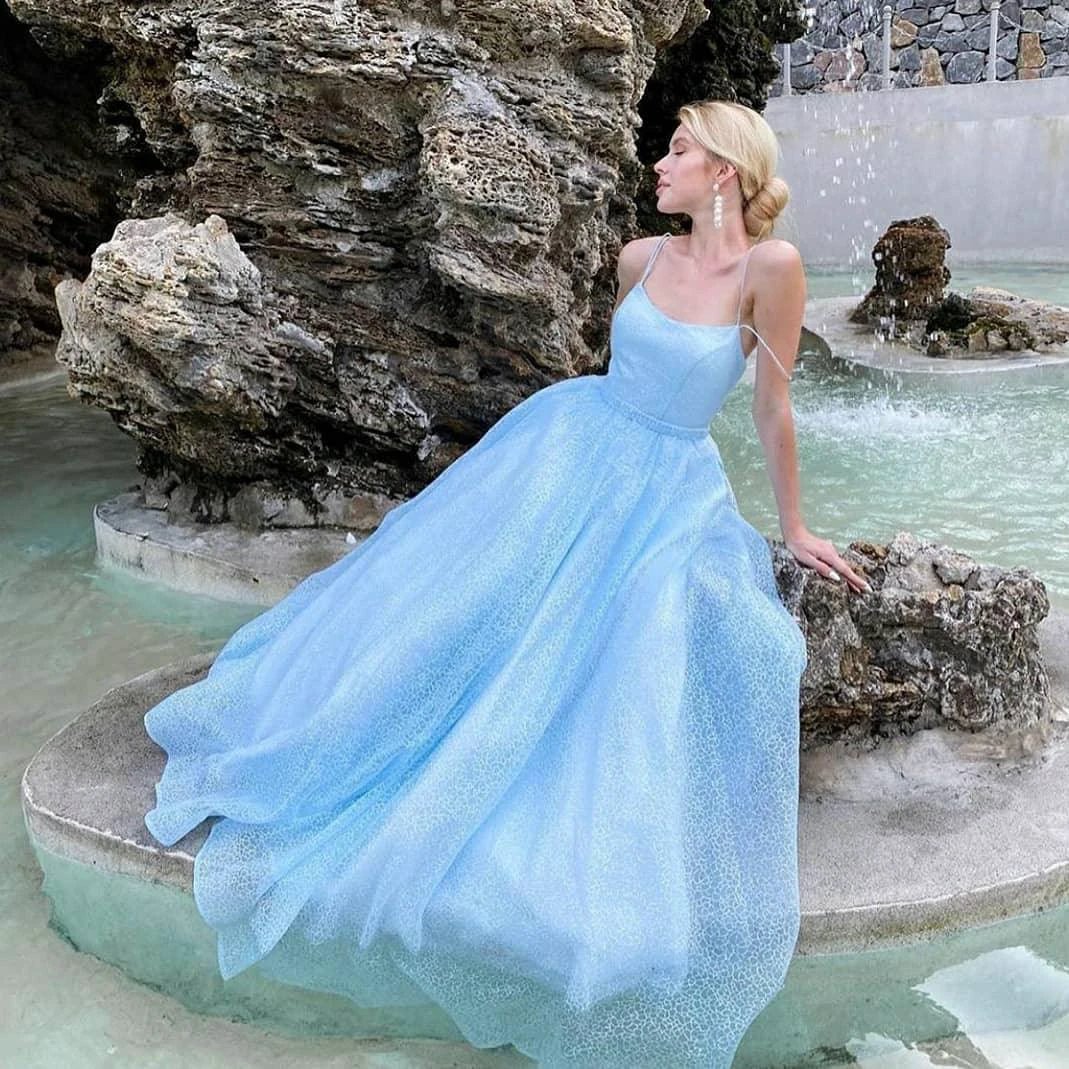 Blue Long A-line Backless Tulle Sequins Backless Prom Dress by BIZTUNNEL