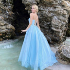 Blue Long A-line Backless Tulle Sequins Backless Prom Dress by BIZTUNNEL