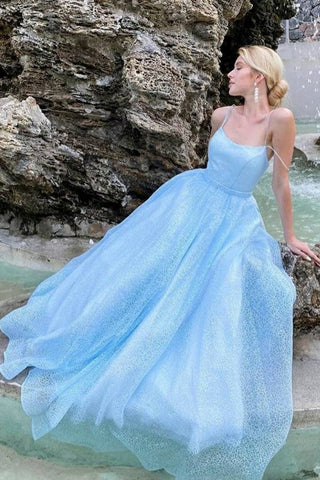 Blaues langes rückenfreies A-Linien-Ballkleid mit Tüll und Pailletten