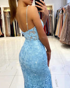 Blue Long V-neck Open Back Lace Mermaid Prom Dress with slit by BIZTUNNEL