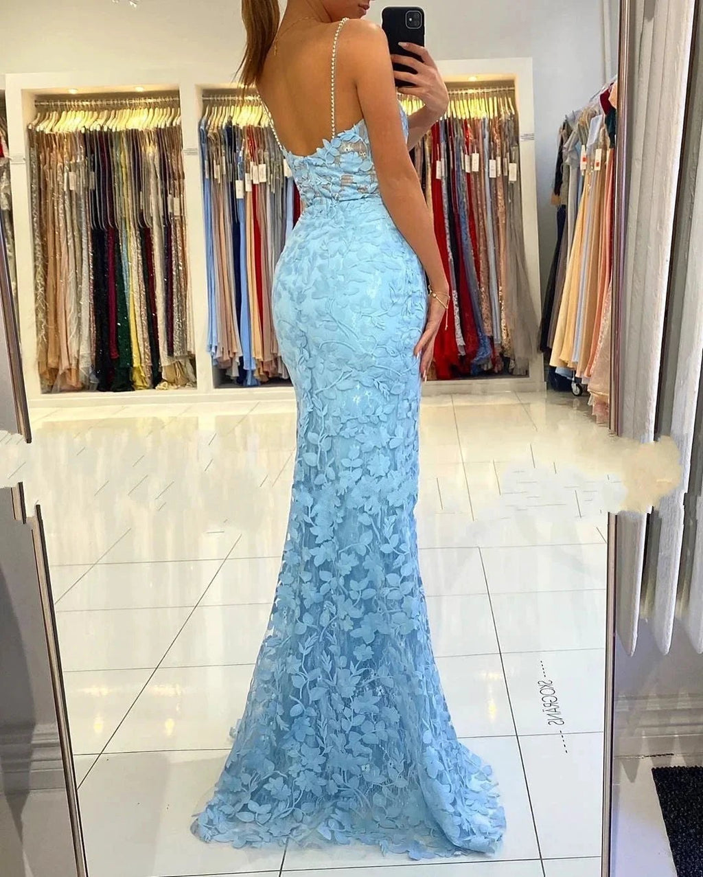 Blue Long V-neck Open Back Lace Mermaid Prom Dress with slit by BIZTUNNEL