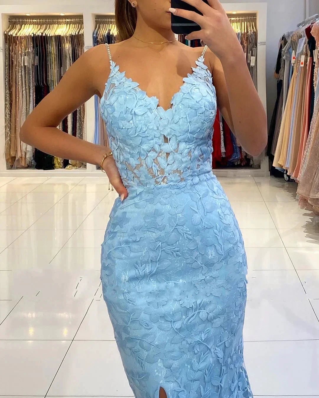 Blue Long V-neck Open Back Lace Mermaid Prom Dress with slit by BIZTUNNEL