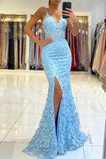 Blue Long V-neck Open Back Lace Mermaid Prom Dress with slit by BIZTUNNEL