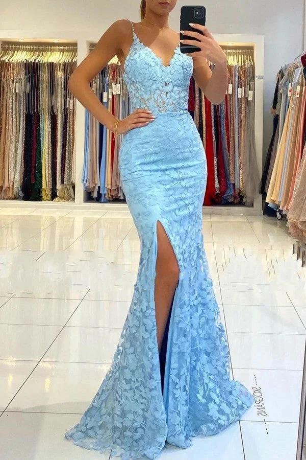 Blue Long V-neck Open Back Lace Mermaid Prom Dress with slit by BIZTUNNEL