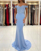 Blue Off-the-shoulder Long Mermaid Prom Dresses With Lace by misshow.com