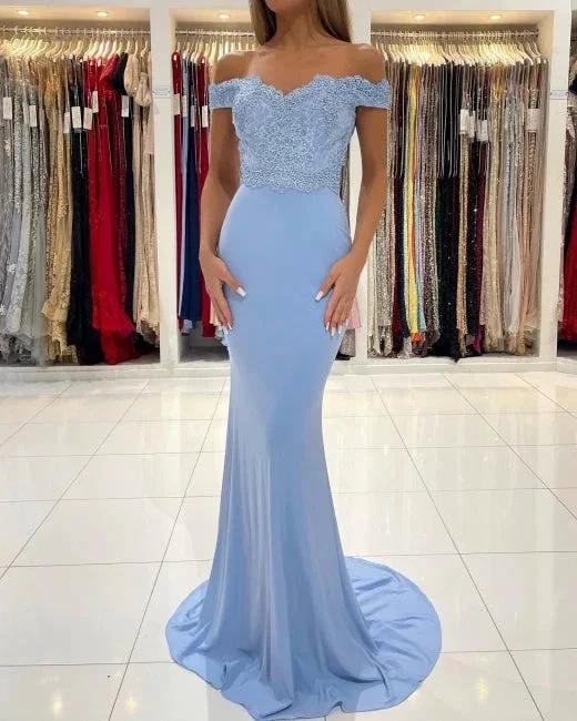 Blue Off-the-shoulder Long Mermaid Prom Dresses With Lace by misshow.com