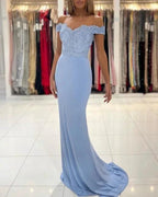 Blue Off-the-shoulder Long Mermaid Prom Dresses With Lace by misshow.com