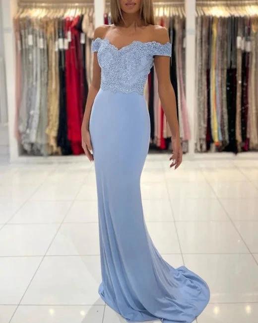 Blue Off-the-shoulder Long Mermaid Prom Dresses With Lace by misshow.com
