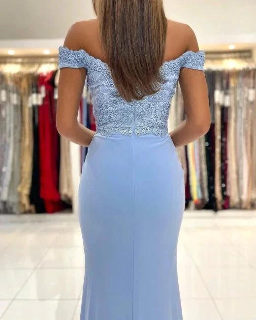 Blue Off-the-shoulder Long Mermaid Prom Dresses With Lace by misshow.com