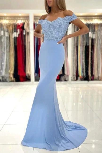 Blue Off-the-shoulder Long Mermaid Prom Dresses With Lace by misshow.com