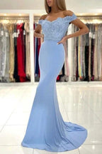 Blue Off-the-shoulder Long Mermaid Prom Dresses With Lace by misshow.com