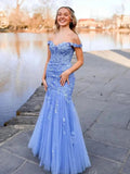 Blue Off the Shoulder Tulle Mermaid Prom Dresses with Appliques by KissProm