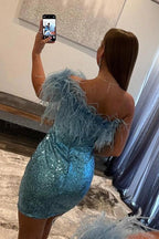 Blue One Shoulder Sleeveless Short Homecoming Dresses With Feathers by misshow.com