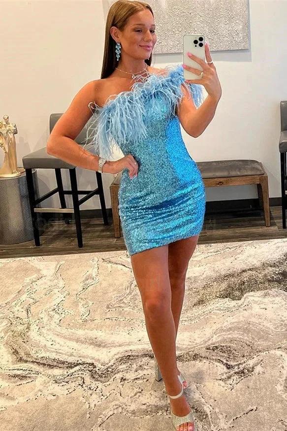 Blue One Shoulder Sleeveless Short Homecoming Dresses With Feathers by misshow.com