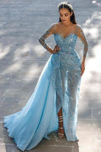 Modest Long Mermaid Sweetheart Sparkle Front Slit Prom Dress with Sleeves