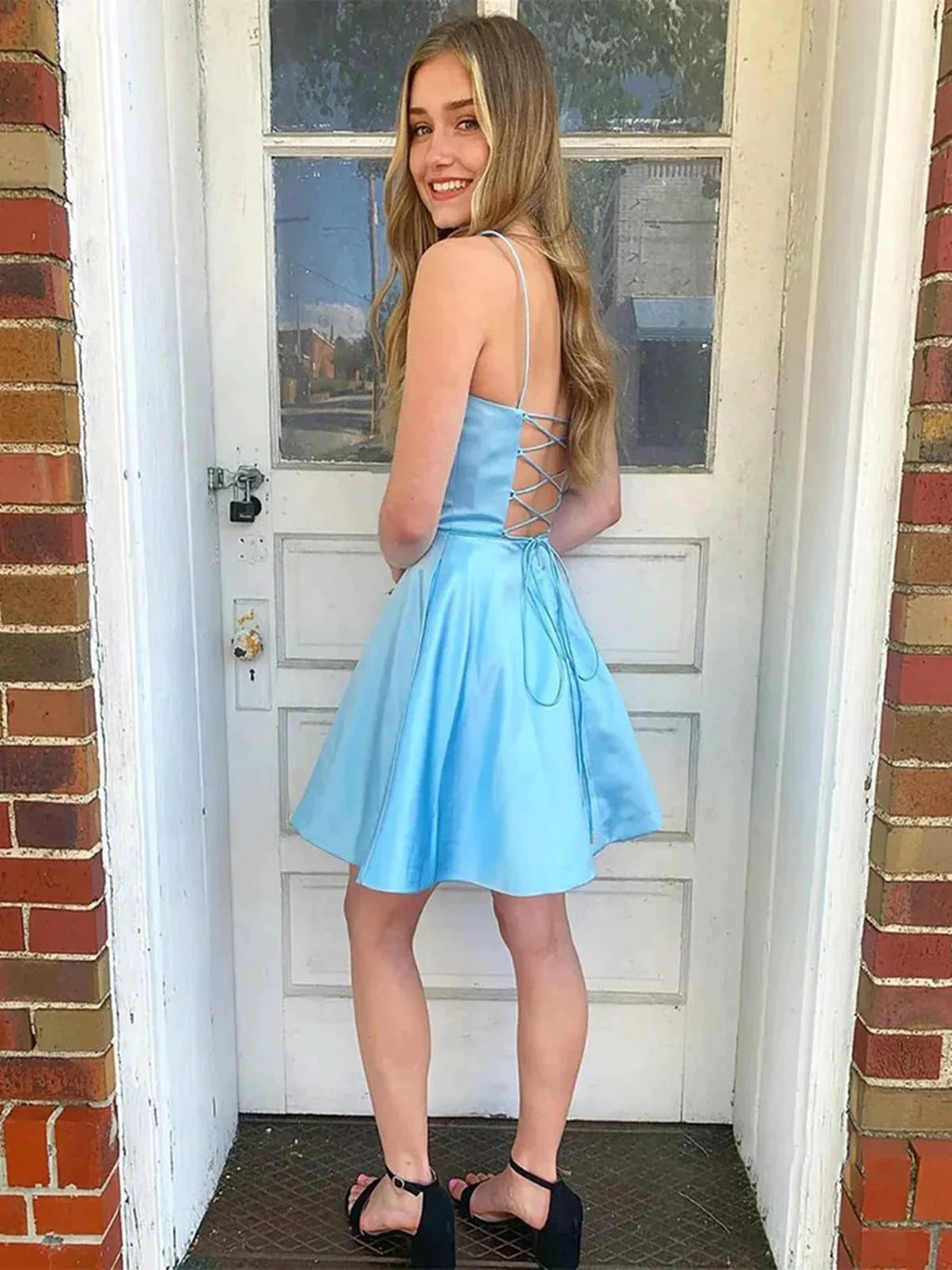 Blue Short A-line Strapless Open Back Prom Homecoming Dresses by BIZTUNNEL